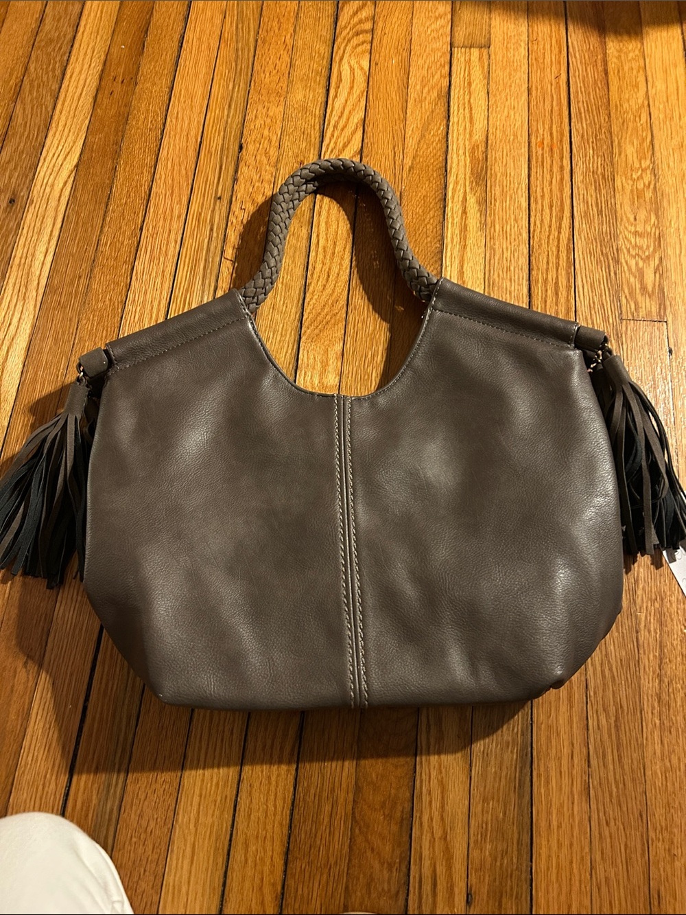Street Level Dark Taupe Braided-Handle Tote with Side Tassels